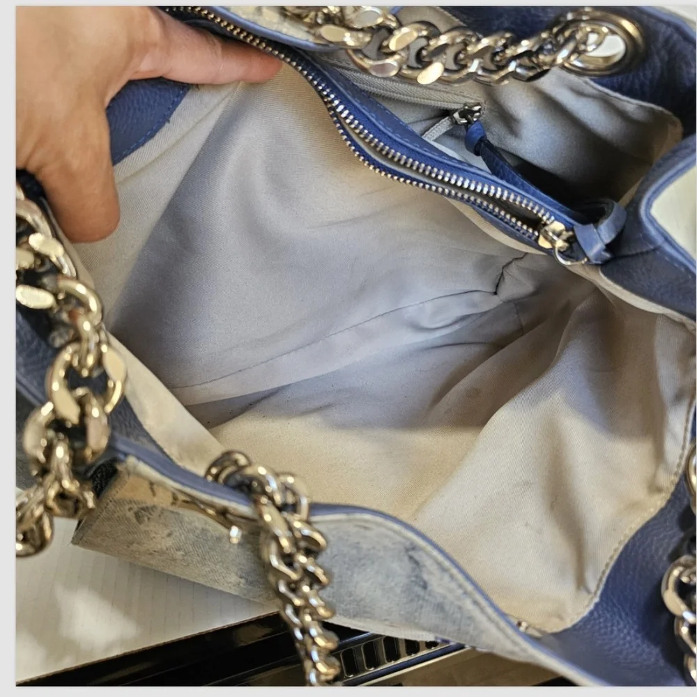 Valentino By Mario Valentino Luisa Blue Denim Zebra Large Leather Handbag Purse - Picture 11 of 16